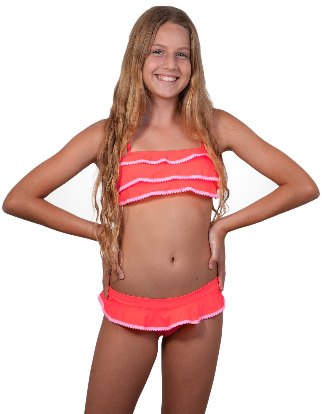 Finch Girls bikini with bandeau top and frill skirted bottoms in Fiesta colour